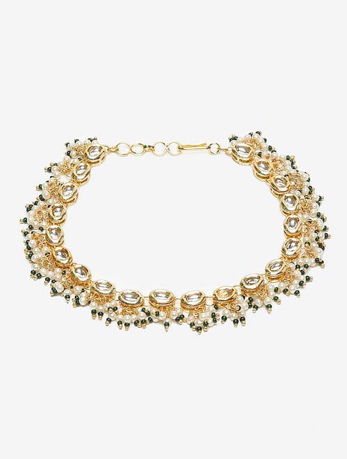 Gold Plated Kundan Pearl Tasselled Payal - Image 6