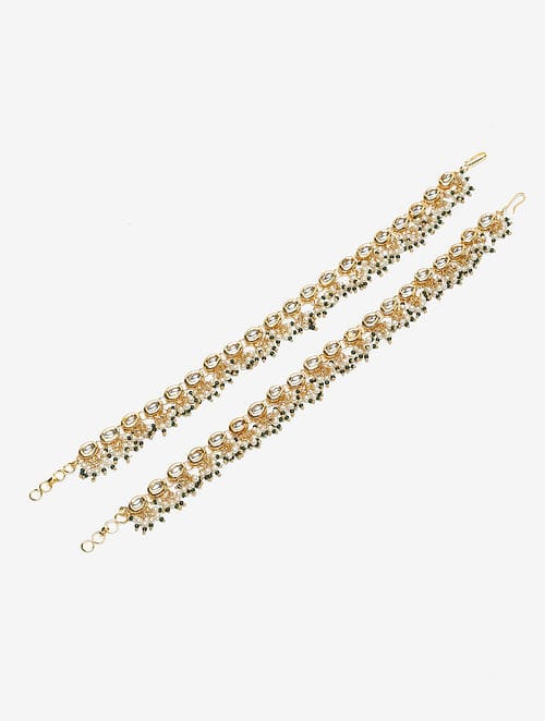 Gold Plated Kundan Pearl Tasselled Payal - Image 3
