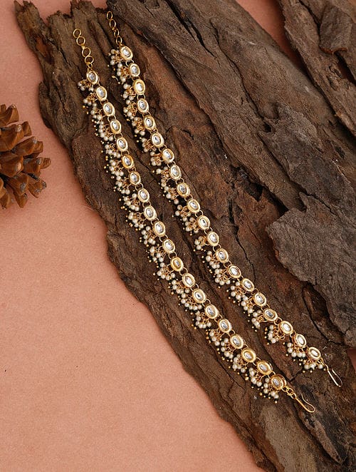 Gold Plated Kundan Pearl Tasselled Payal - Image 2