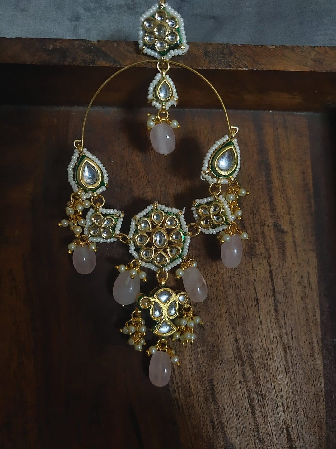 Gold Plated Kundan Polki And Pearl Chandbali Earrings - Image 3