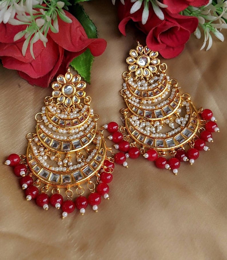 Gold Plated Embellished Kundan Chandbali Earrings
