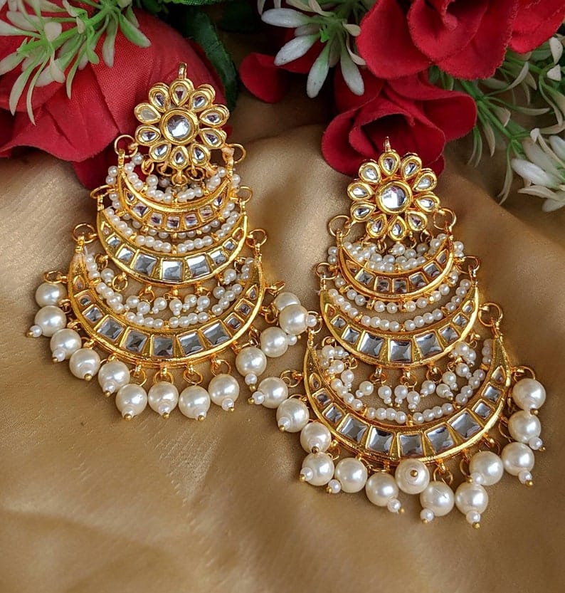 Gold Plated Embellished Kundan Chandbali Earrings
