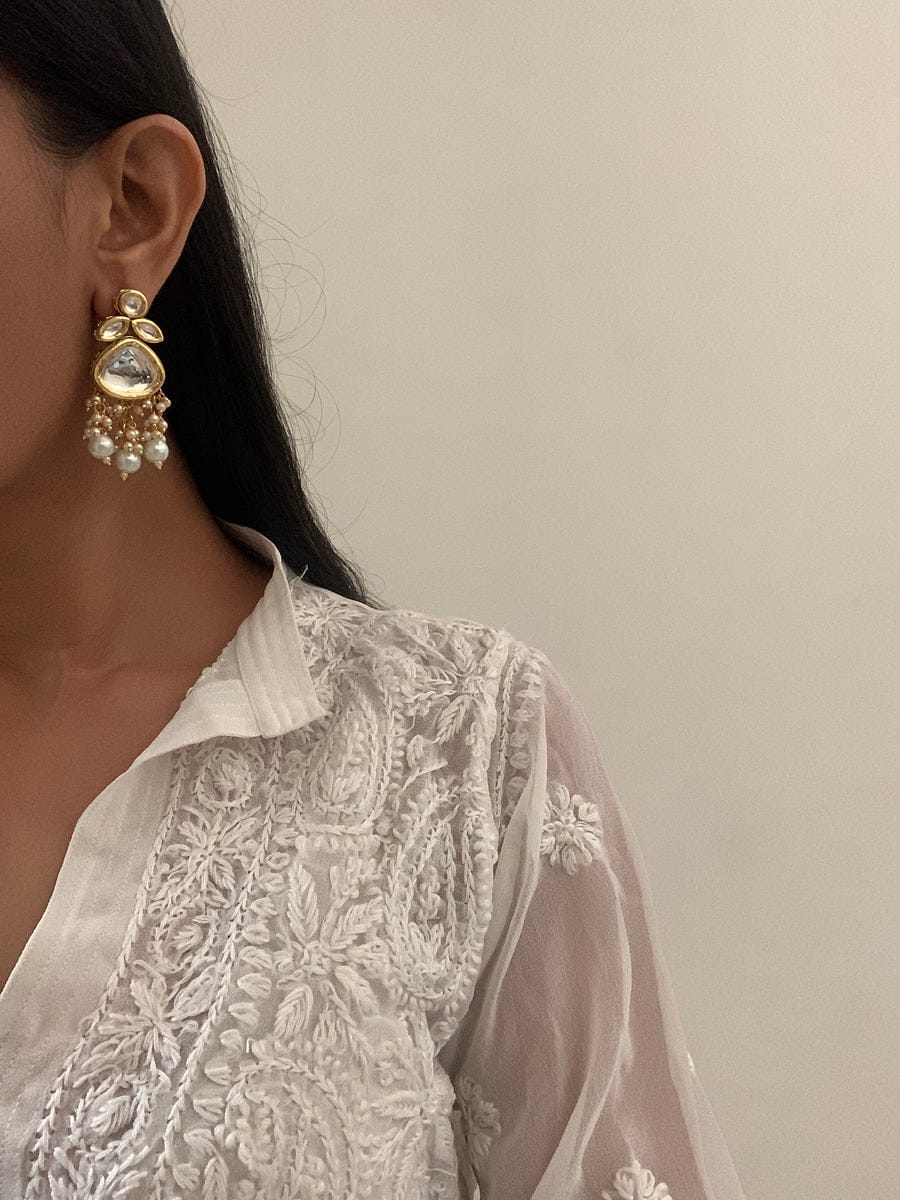 Gold Plated Kundan Polki And Pearl Earrings - Image 2