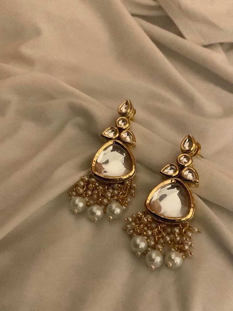 Gold Plated Kundan Polki And Pearl Earrings