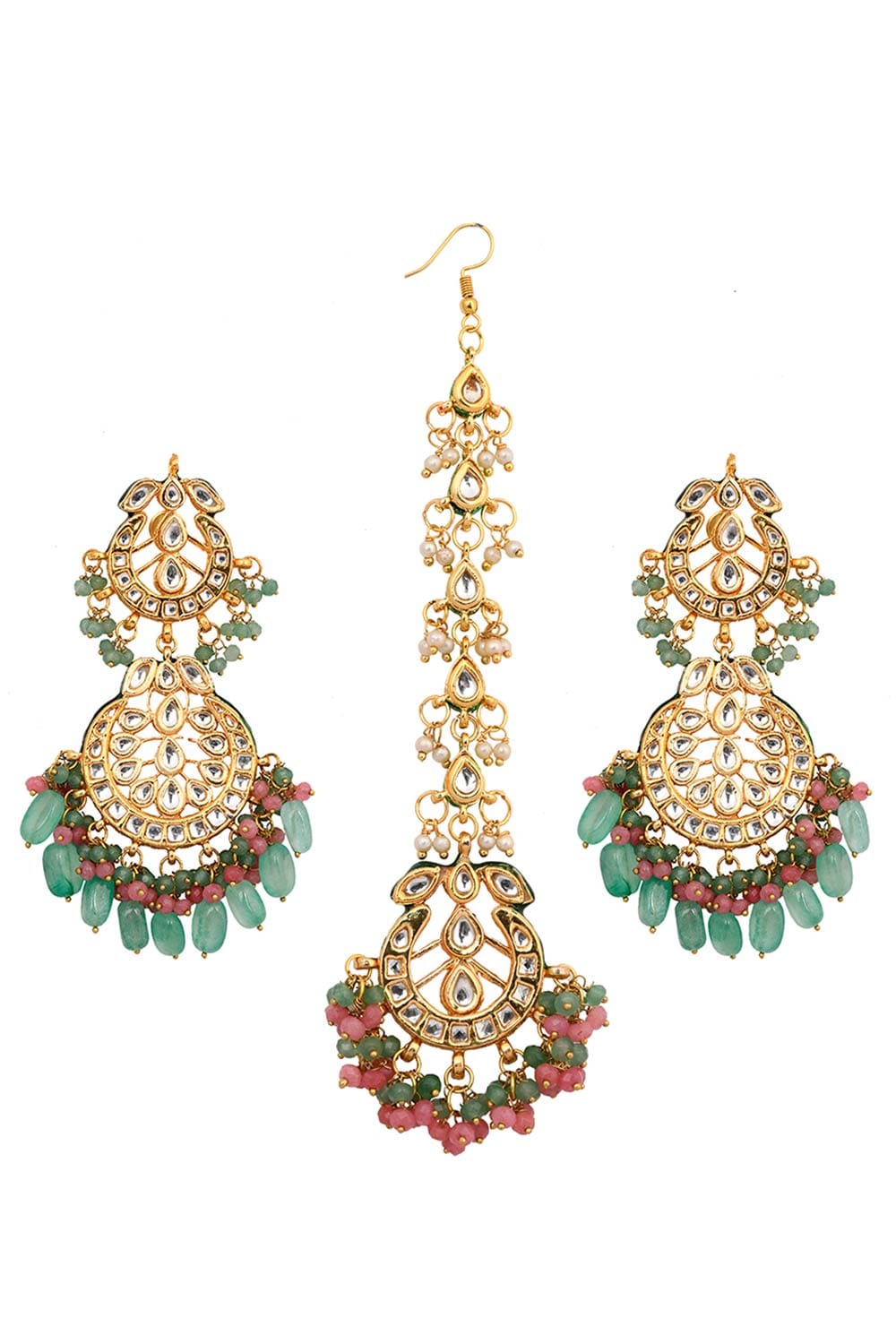 Pink Green Gold Tone Kundan Inspired Maang Tikka With Earrings - Image 2