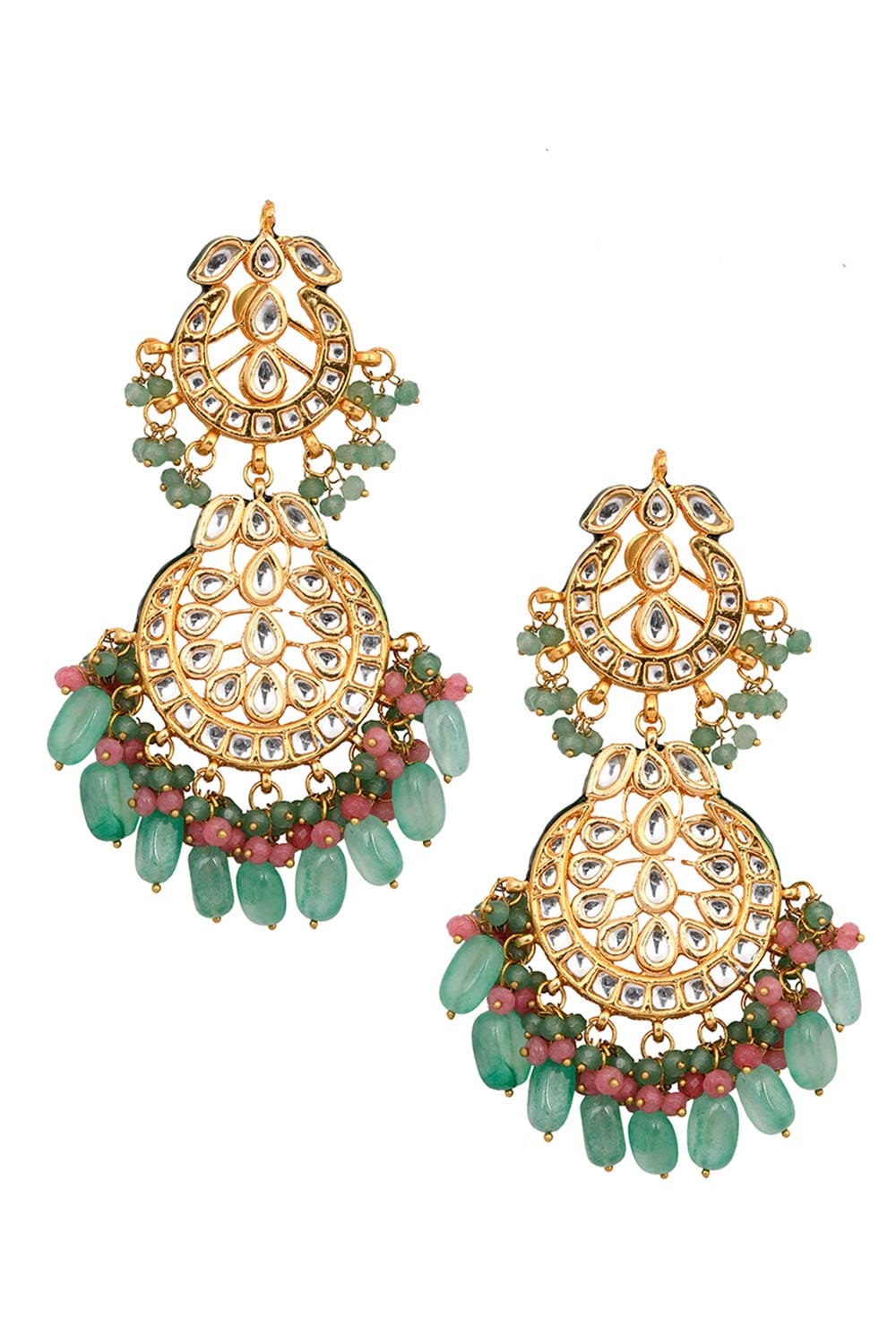 Pink Green Gold Tone Kundan Inspired Maang Tikka With Earrings - Image 4