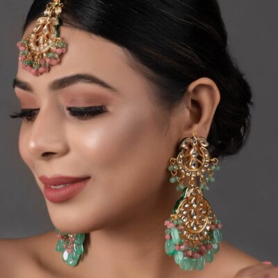 Pink Green Gold Tone Kundan Inspired Maang Tikka With Earrings