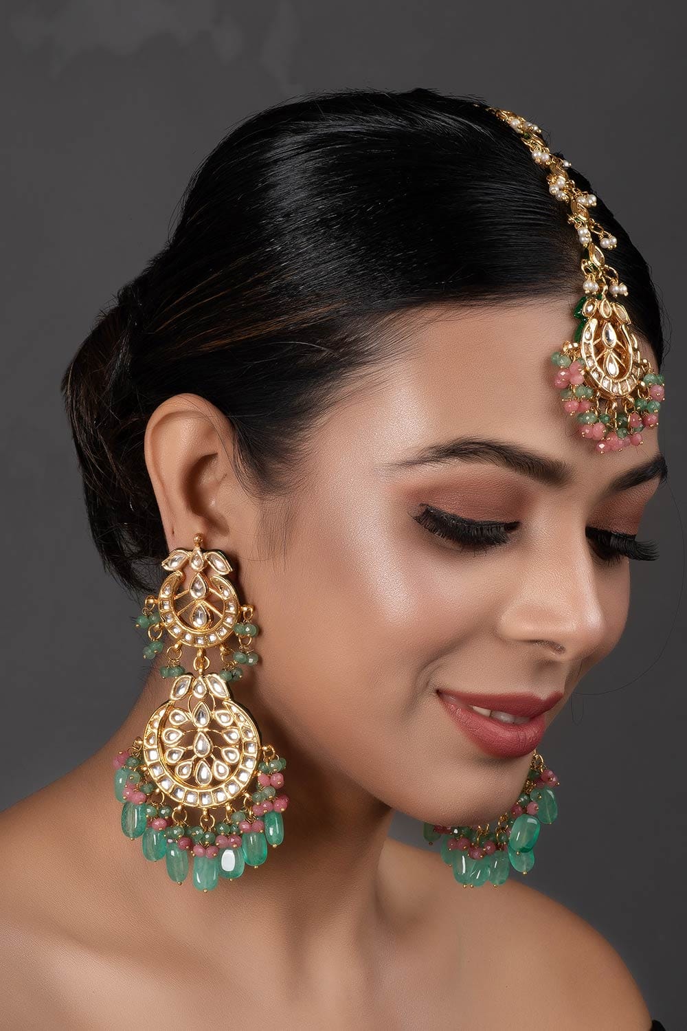 Pink Green Gold Tone Kundan Inspired Maang Tikka With Earrings - Image 3