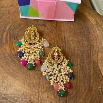 Gold Finish Stud Earrings With Kundan Polki Stone