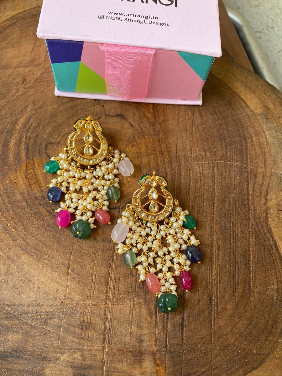 Gold Finish Stud Earrings With Kundan Polki Stone