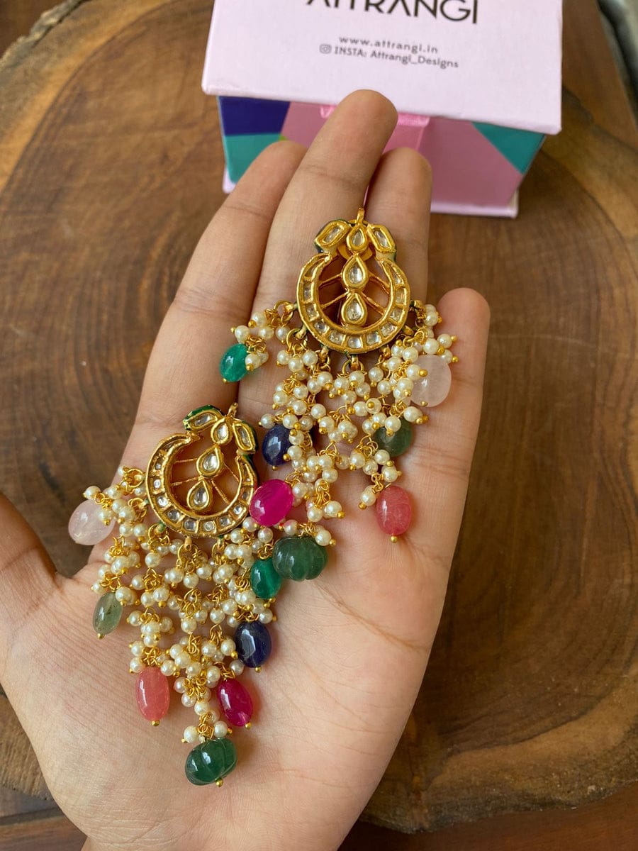 Gold Finish Stud Earrings With Kundan Polki Stone - Image 3