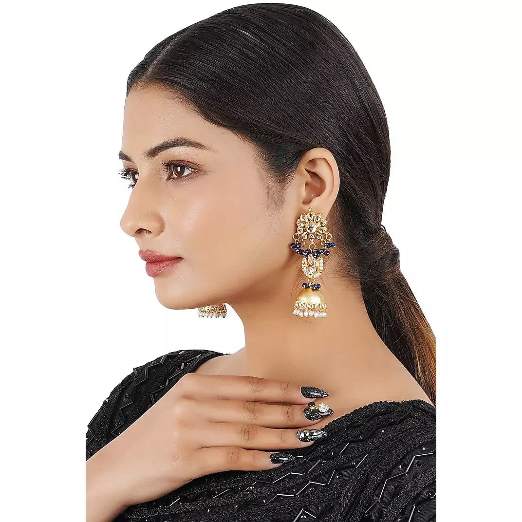 Gold Finish Stud Earrings With Kundan Polki Stone - Image 2
