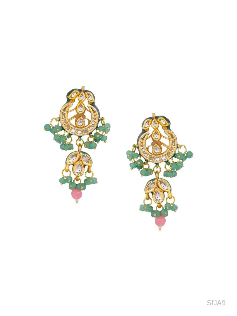 Gold Finish Stud Earrings With Kundan Polki Stone - Image 4