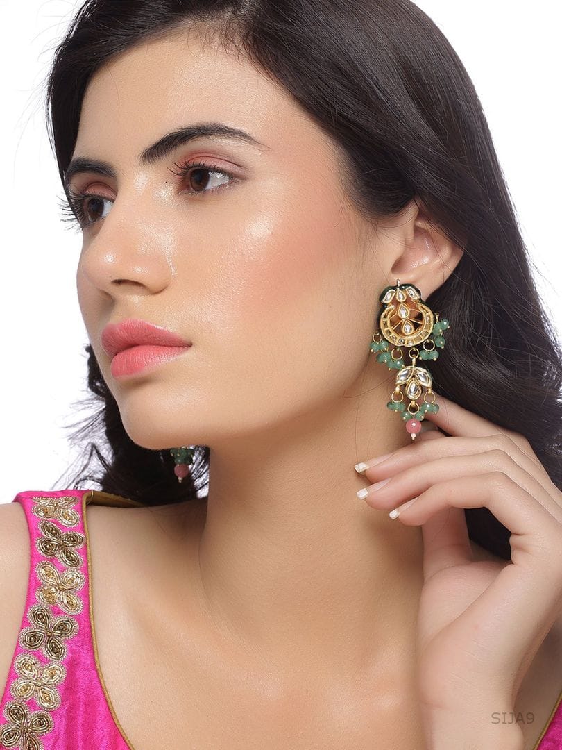 Gold Finish Stud Earrings With Kundan Polki Stone - Image 2