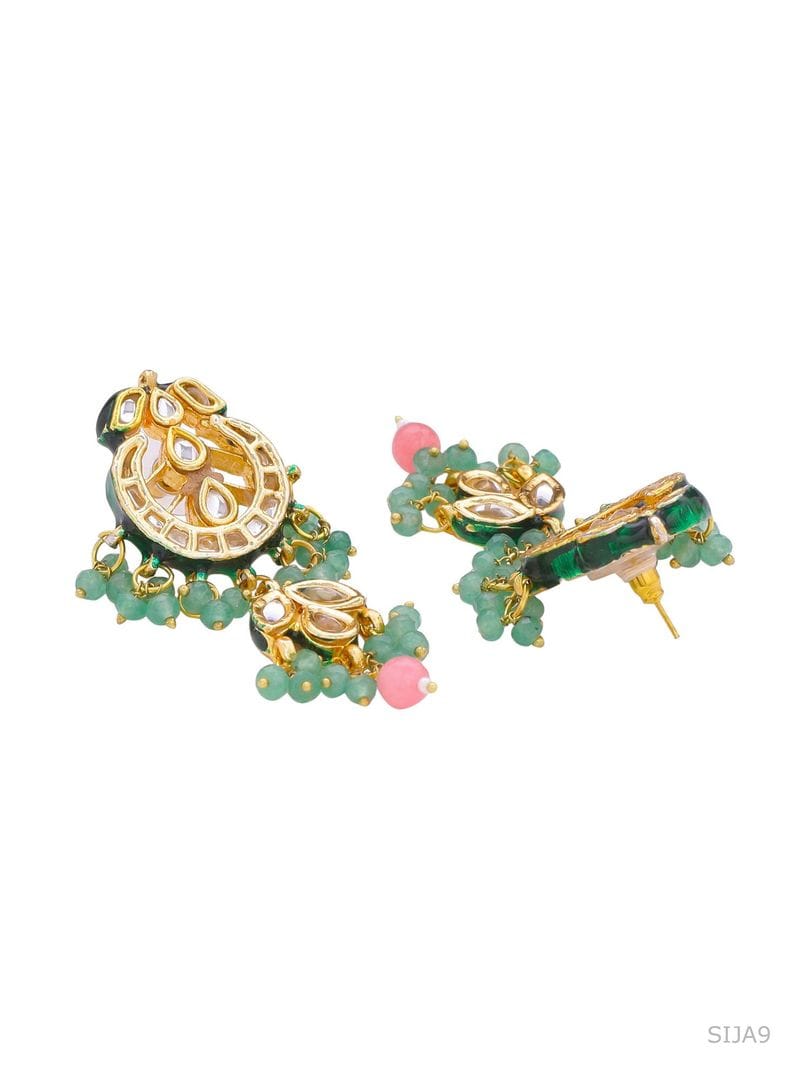 Gold Finish Stud Earrings With Kundan Polki Stone - Image 3