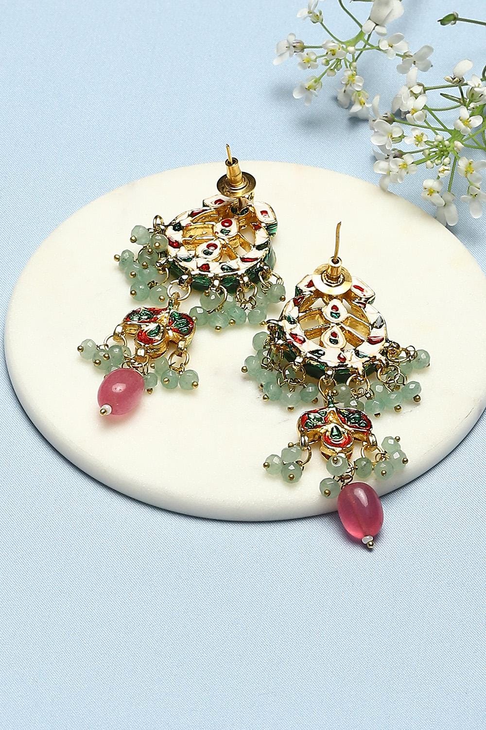 Gold Finish Stud Earrings With Kundan Polki Stone - Image 3