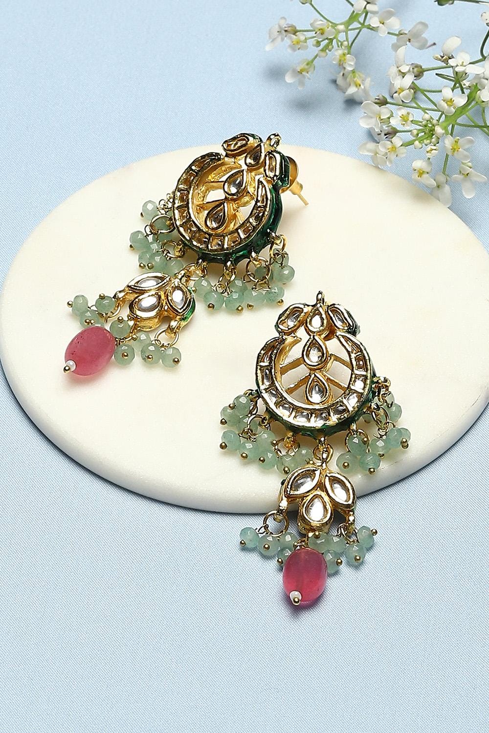 Gold Finish Stud Earrings With Kundan Polki Stone