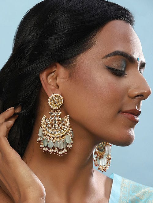 Gold-Plated Gemstone-Studded Drop Earrings - Image 2