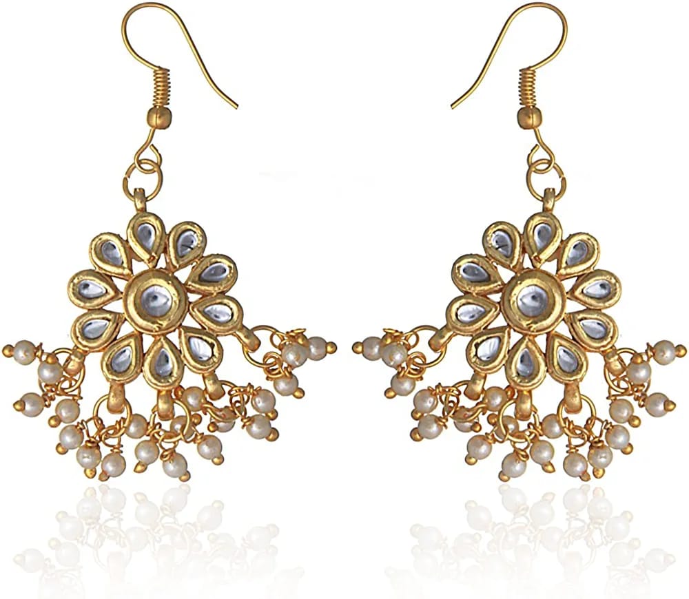 Gold Plated Kundan Studded Drop Earrings - Image 2