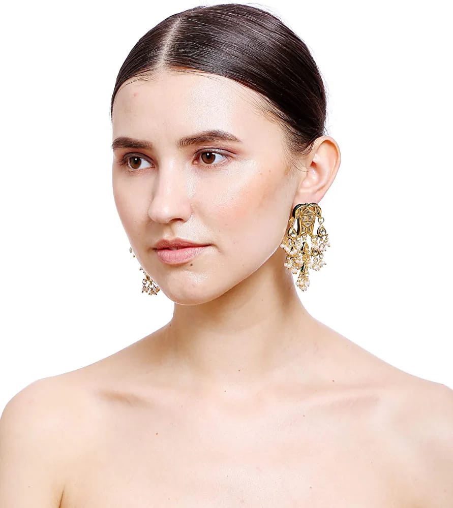 Gold Plated Kundan Studded Drop Earrings - Image 2