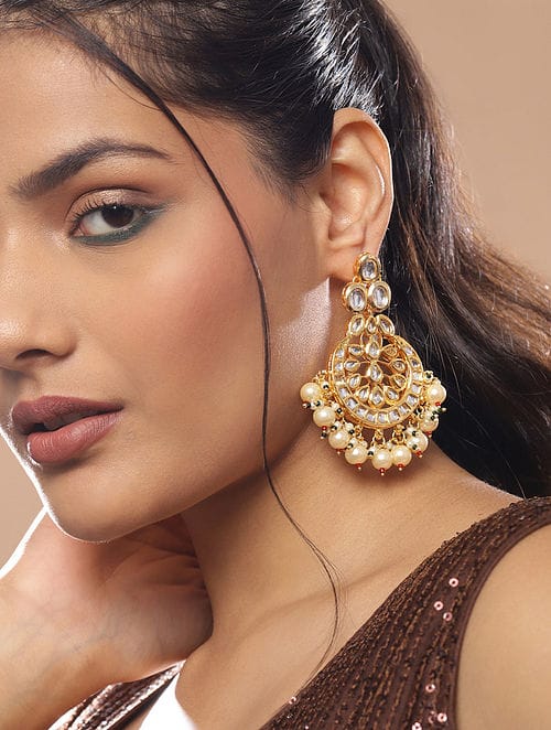 Gold Plated Kundan Studded Chaandbali Earrings - Image 2