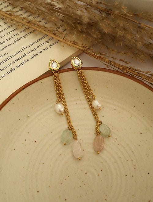 Gold Plated Kundan Studded Drop Earrings