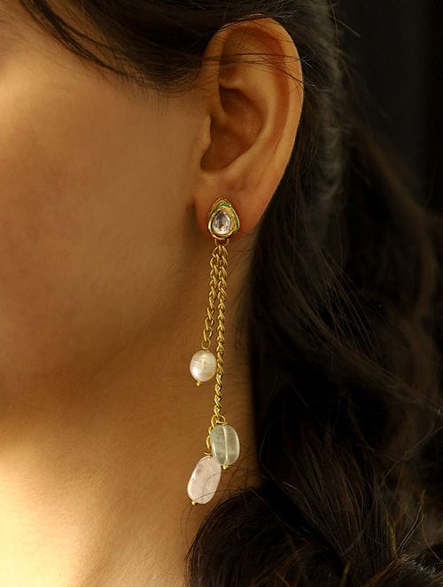 Gold Plated Kundan Studded Drop Earrings - Image 3