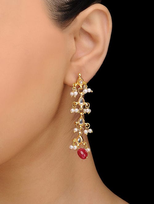 Gold Plated Kundan Studded Drop Earrings - Image 2