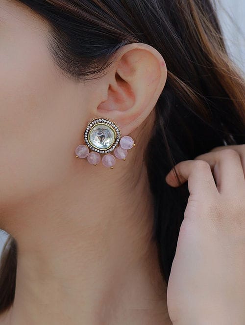Silver Plated Rhodium Beaded Stud Earrings - Image 2