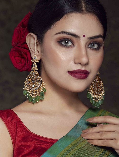 Gold Plated Kundan Studded Drop Earrings - Image 2