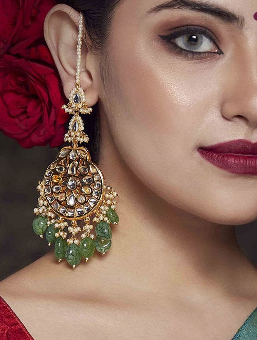 Gold Plated Kundan Studded Drop Earrings - Image 3