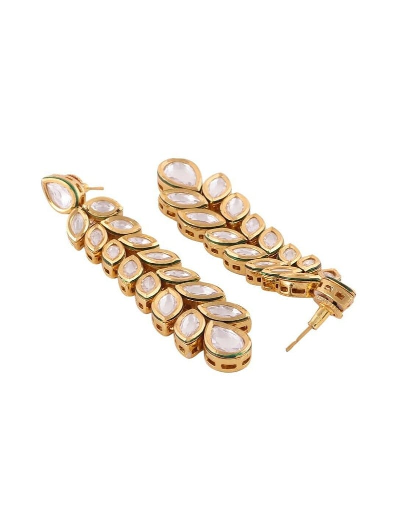 Gold Plated Kundan Floral And Leaf Carved Dangler Earrings - Image 4