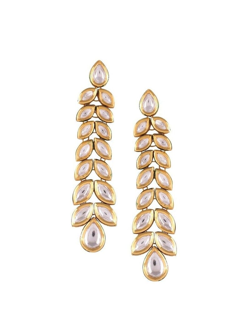Gold Plated Kundan Floral And Leaf Carved Dangler Earrings - Image 3