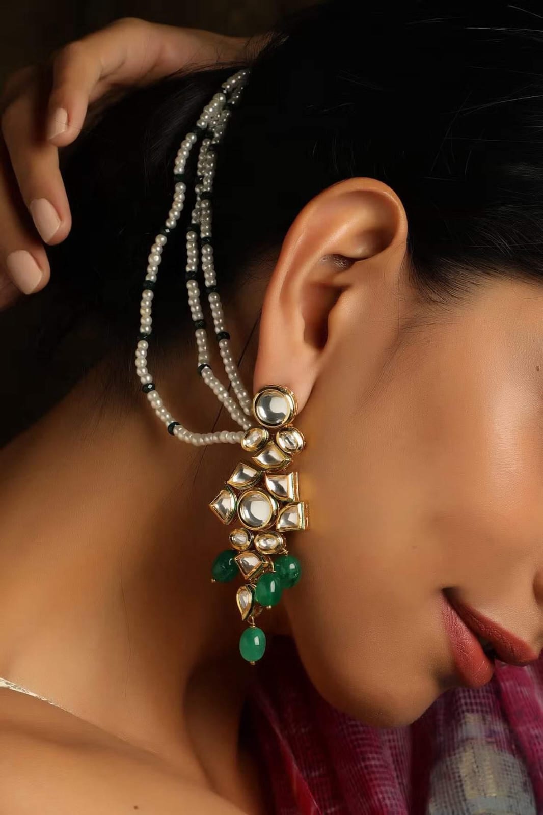 Gold Plated Beads Meenakari Earrings - Image 3