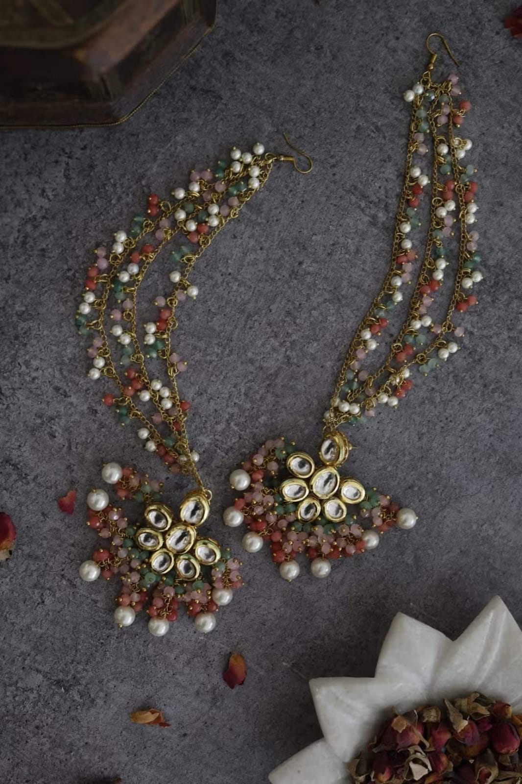 Multi Color Kundans Multicolored Danglers And Drops With Ear Chain