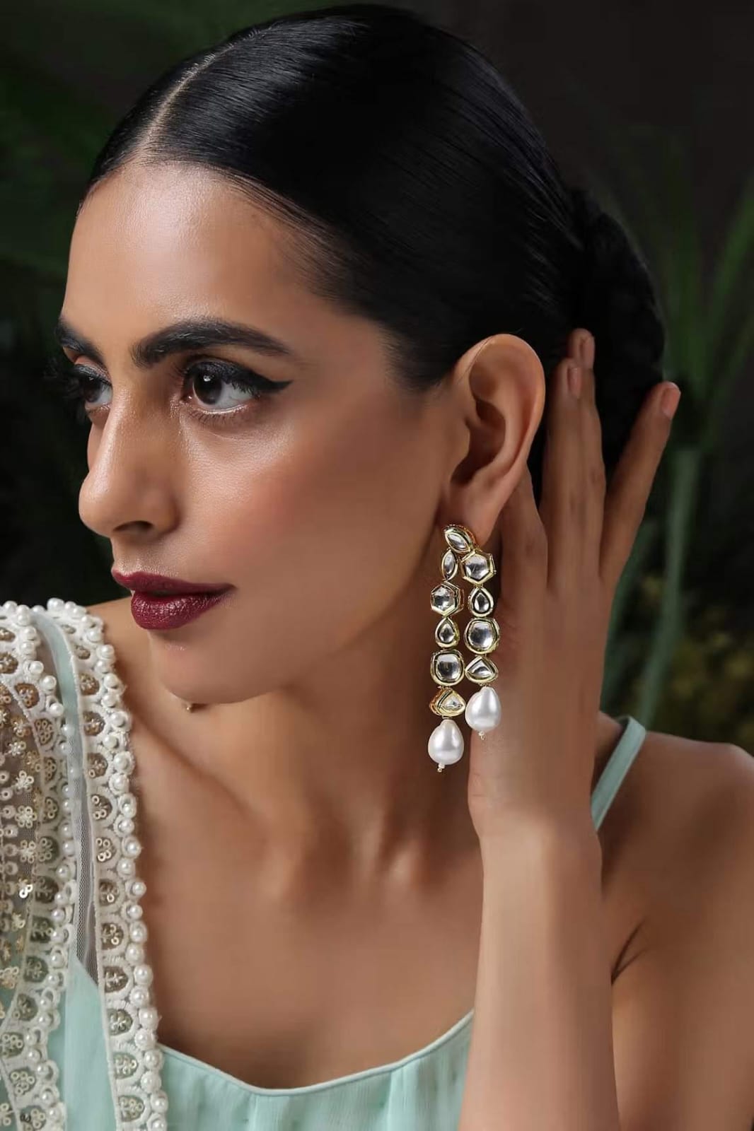 Green Kundan And Pearl Drop Embellished Earrings - Image 2