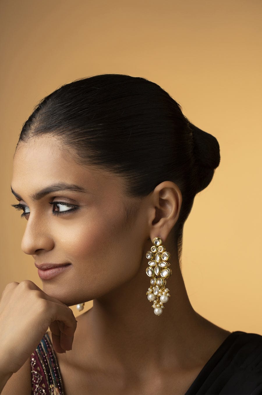 Gold Finish Kundan & Pearl Dangler Earrings - Image 4