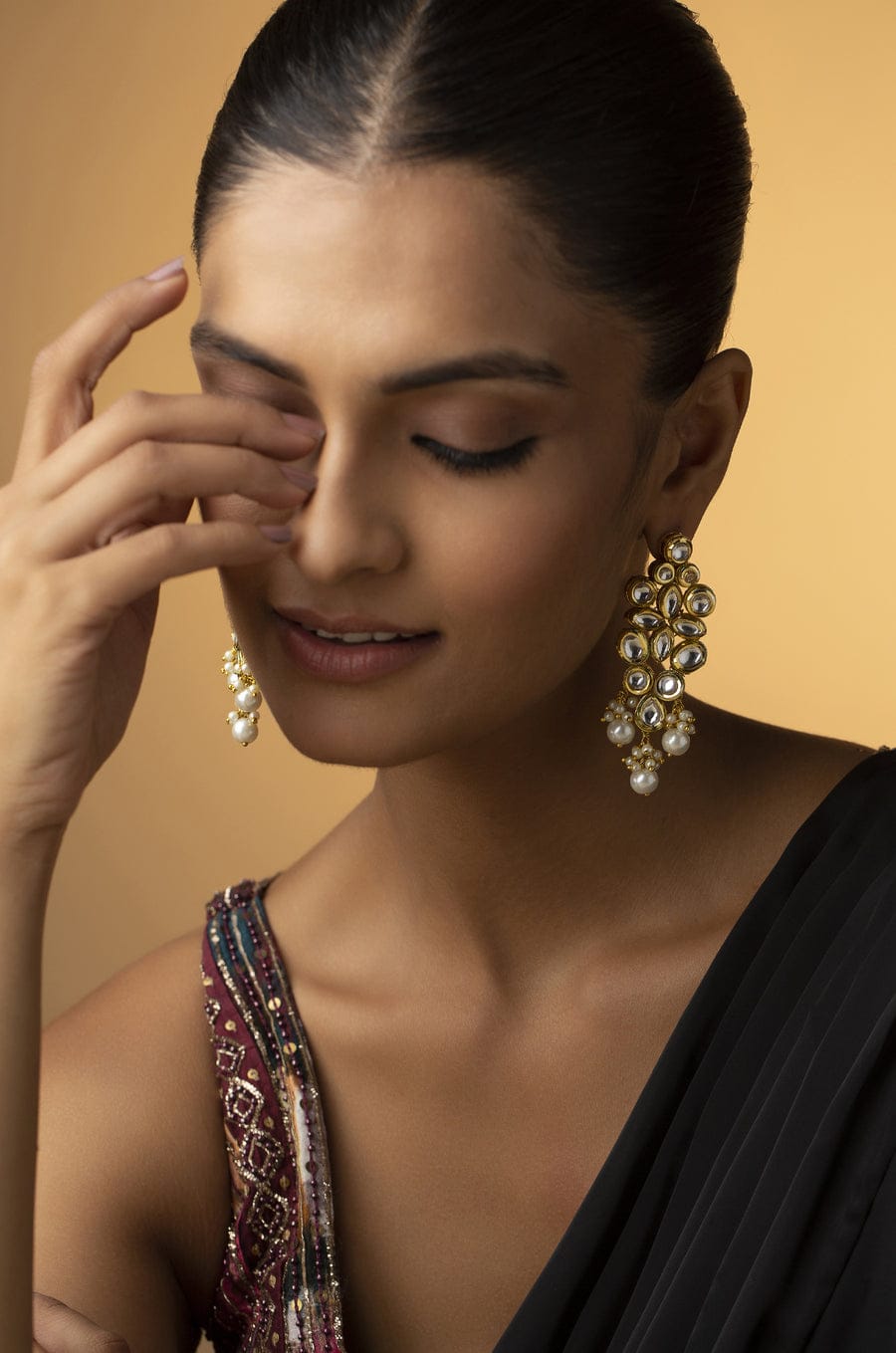 Gold Finish Kundan & Pearl Dangler Earrings - Image 2