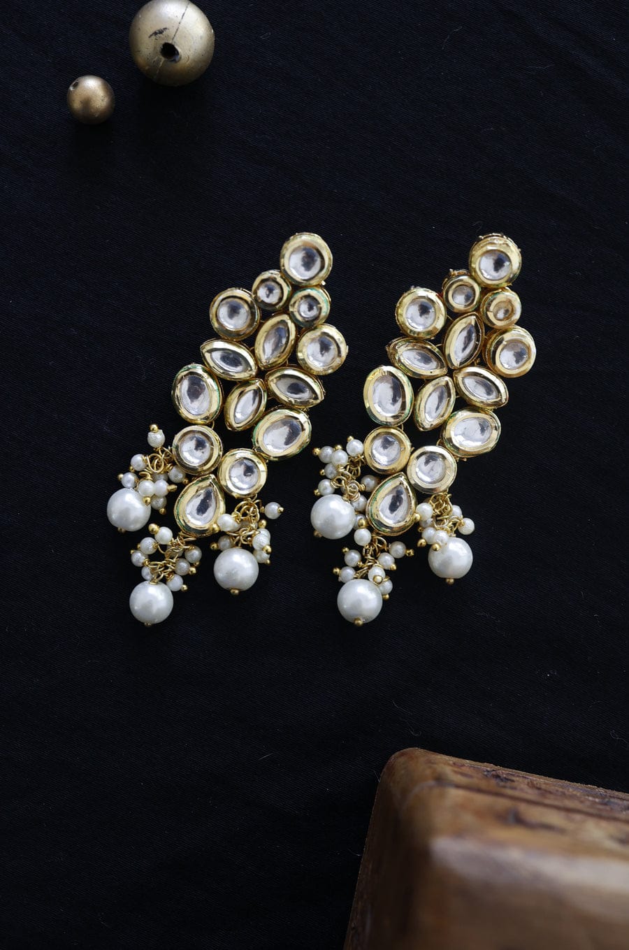 Gold Finish Kundan & Pearl Dangler Earrings - Image 3