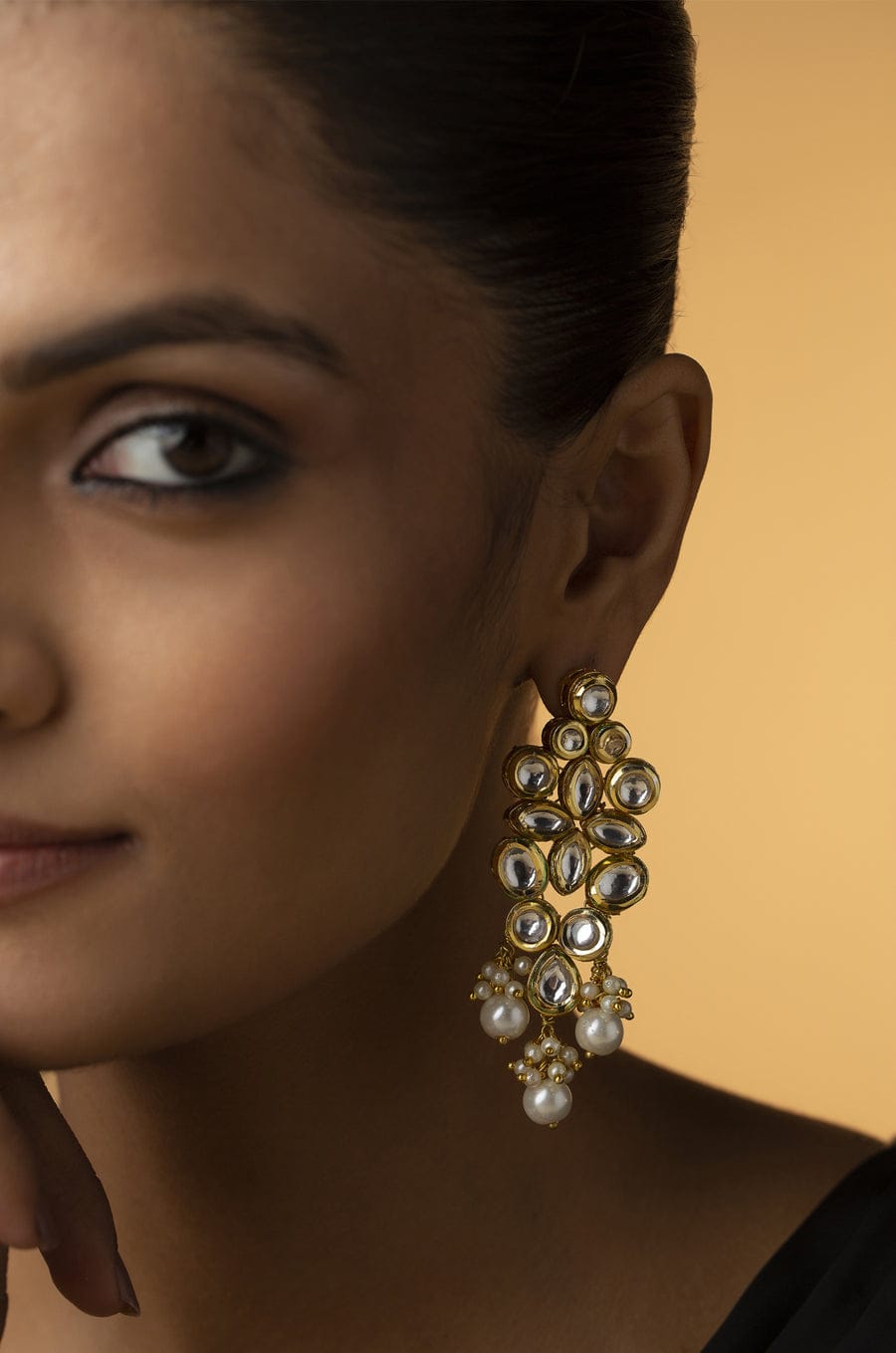 Gold Finish Kundan & Pearl Dangler Earrings - Image 5
