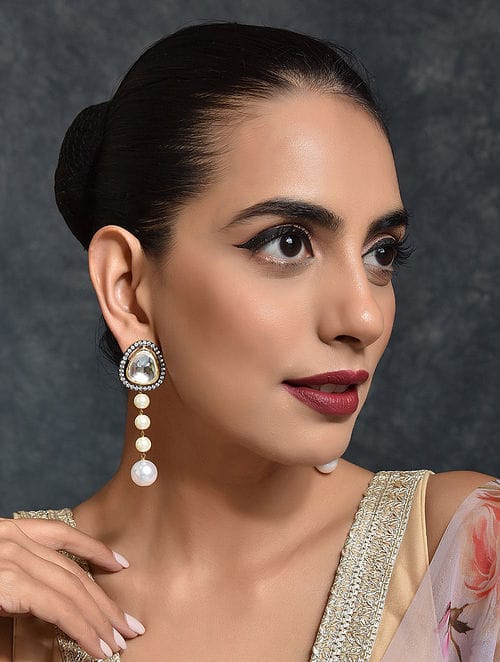 Silver Finish Polki & Pearl Dangler Earrings - Image 2