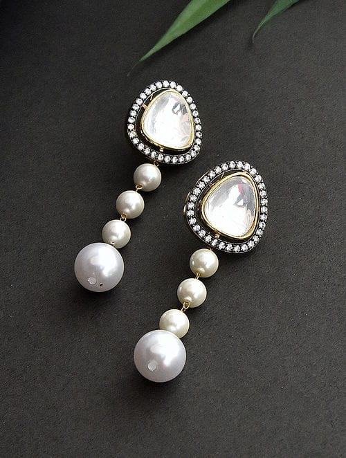 Silver Finish Polki & Pearl Dangler Earrings
