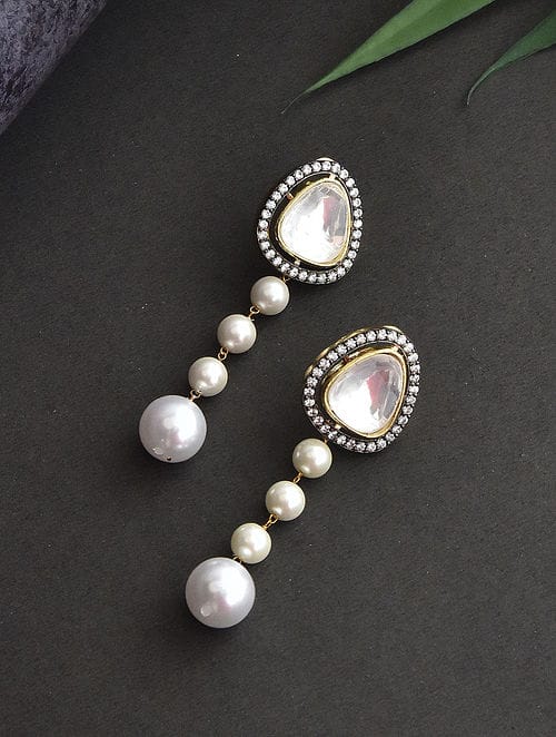 Silver Finish Polki & Pearl Dangler Earrings - Image 3