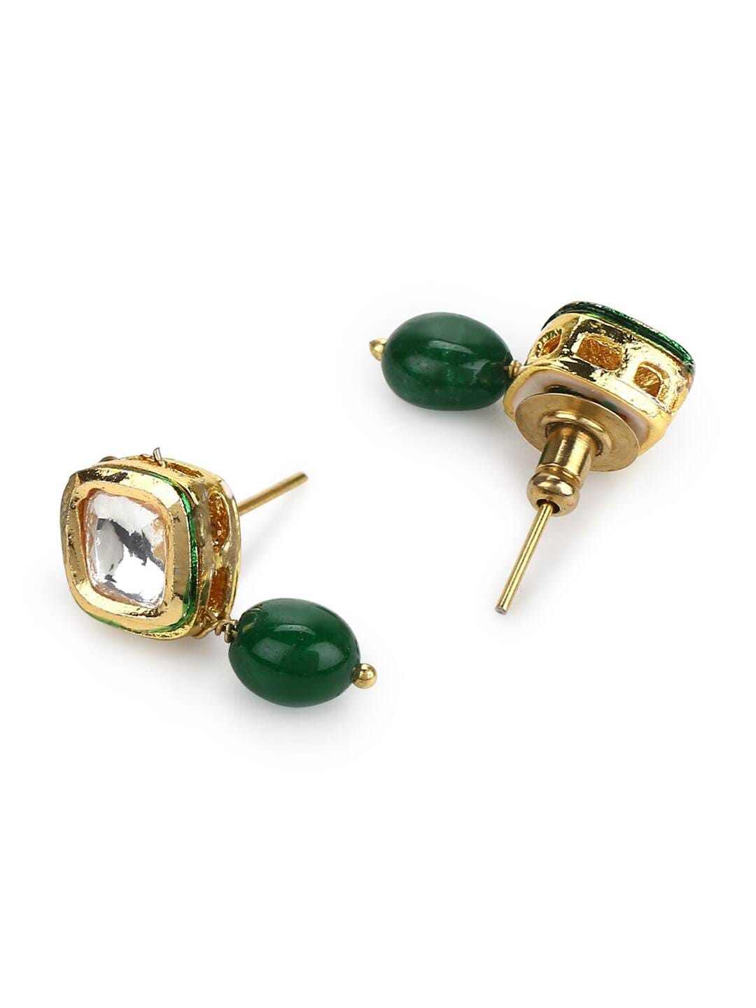 Gold Finish Kundan & Green Stone Drop Earrings - Image 3