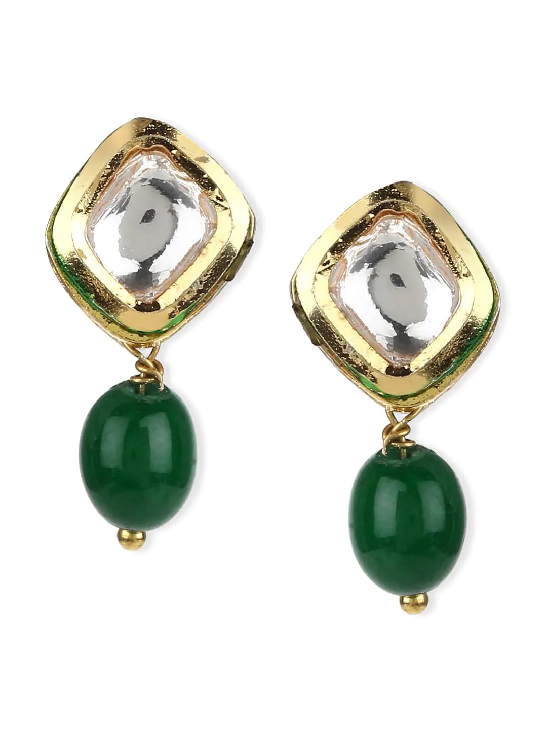 Gold Finish Kundan & Green Stone Drop Earrings - Image 4