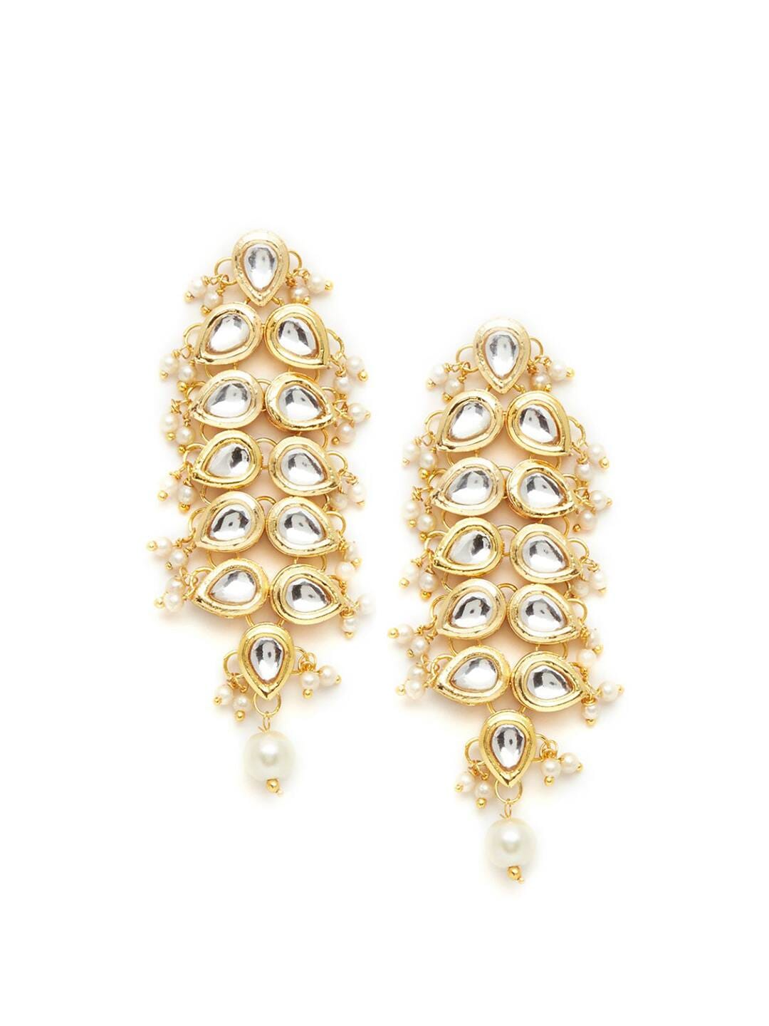 Gold Finish Kundan Stone Drop Earrings - Image 2