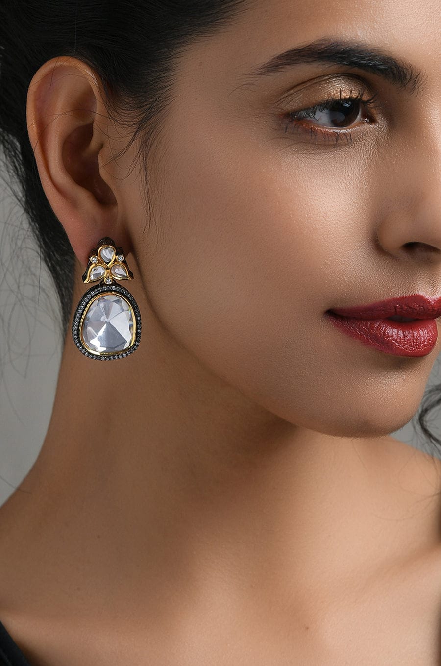 Silver Tone Victorian Polki Stud Earrings - Image 2