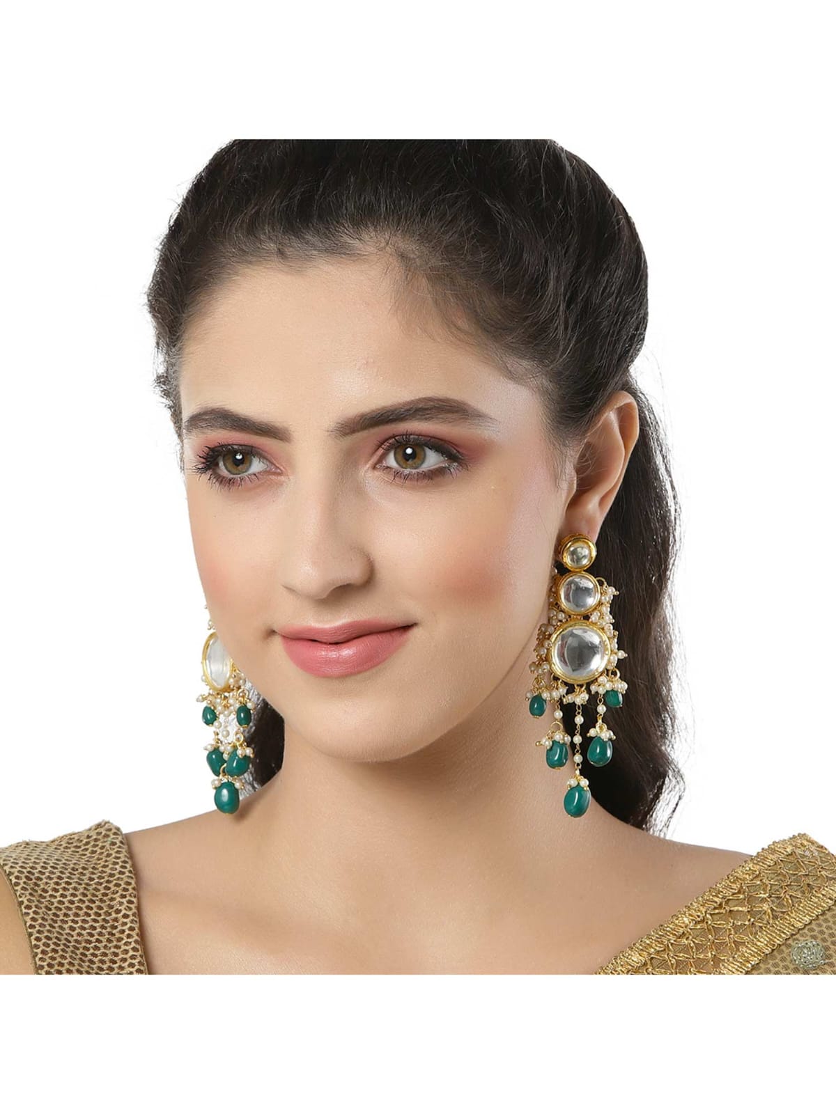 Gold Plated Kundan Work Earrings - Image 3