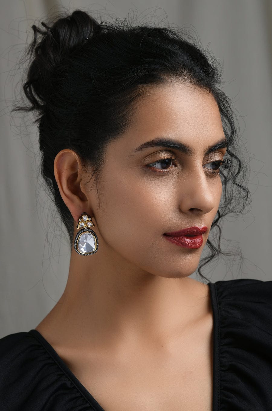 Silver Tone Victorian Polki Stud Earrings - Image 3