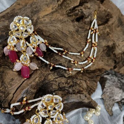 Gold Plated Kundan Earring With Kaan Chain
